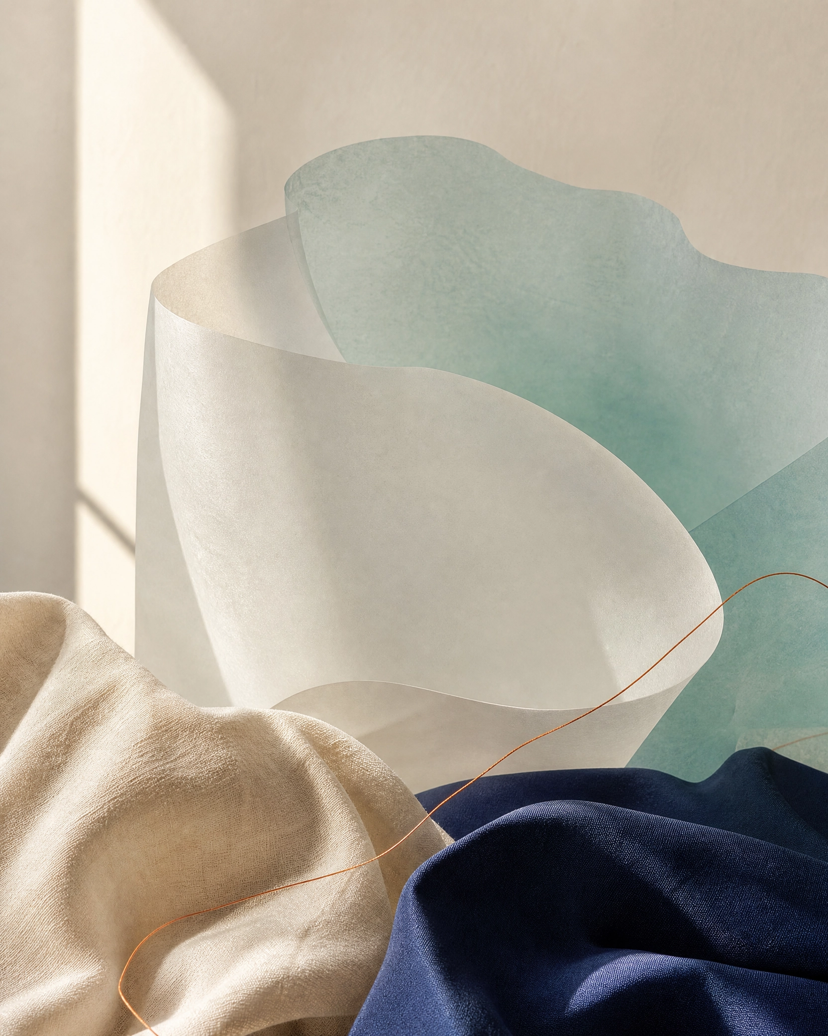 Composição abstrata em tons creme, verde e azul